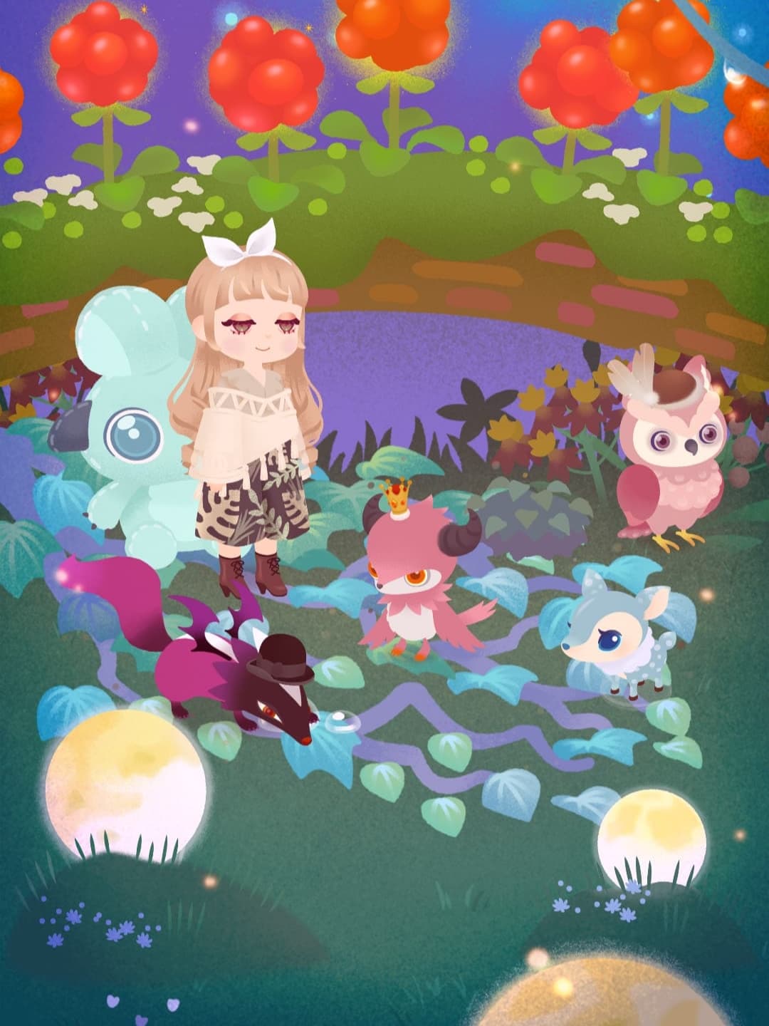 夜の森とツノリムルのぬいぐるみ